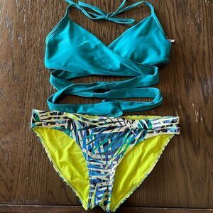 Aerie Teal Lime Green Tie Back Bikini Set, M